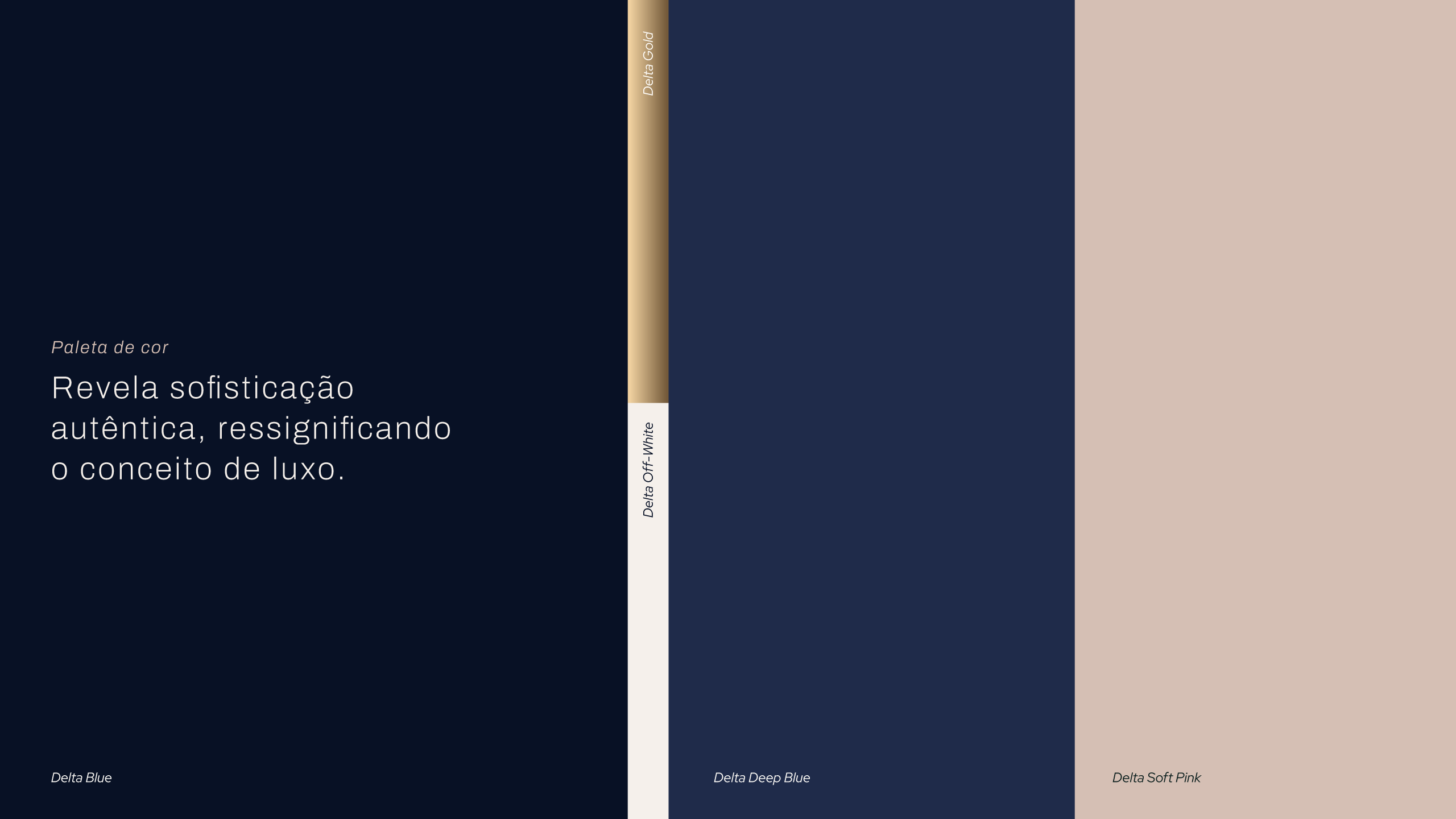 Paleta de cores da Delta Contabilidade: azul profundo, rosa suave, off-white e dourado