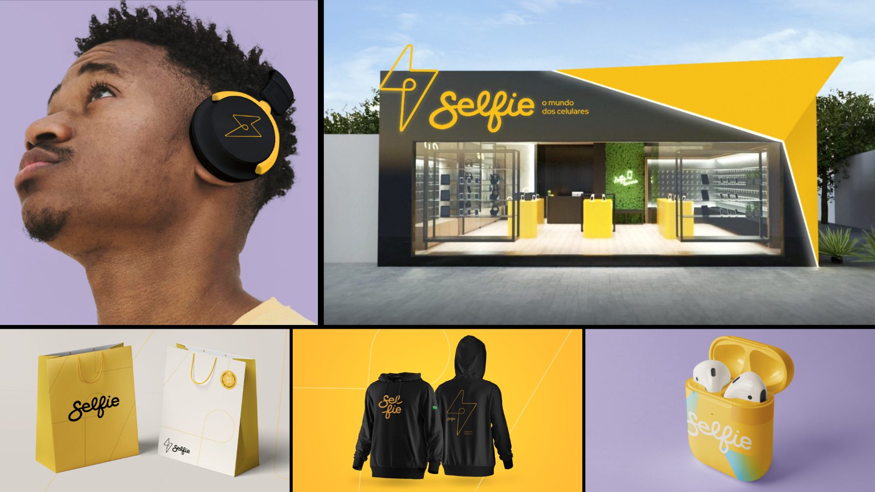 Identidade visual da Selfie aplicada em fachada, sacola, moletom e fone