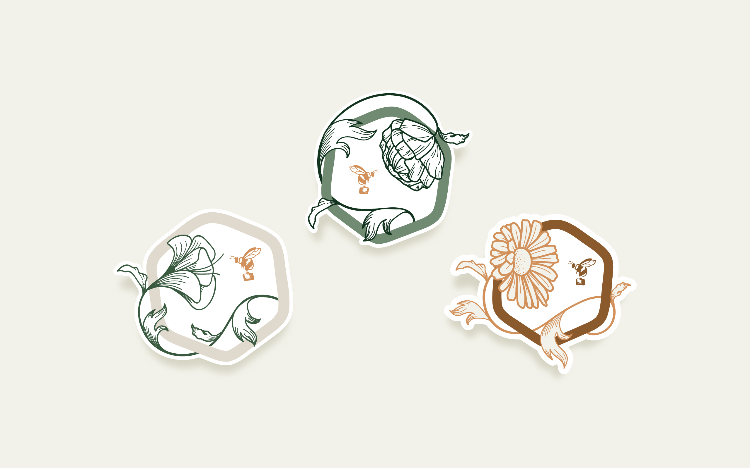 Três versões de adesivos da Bee Kind