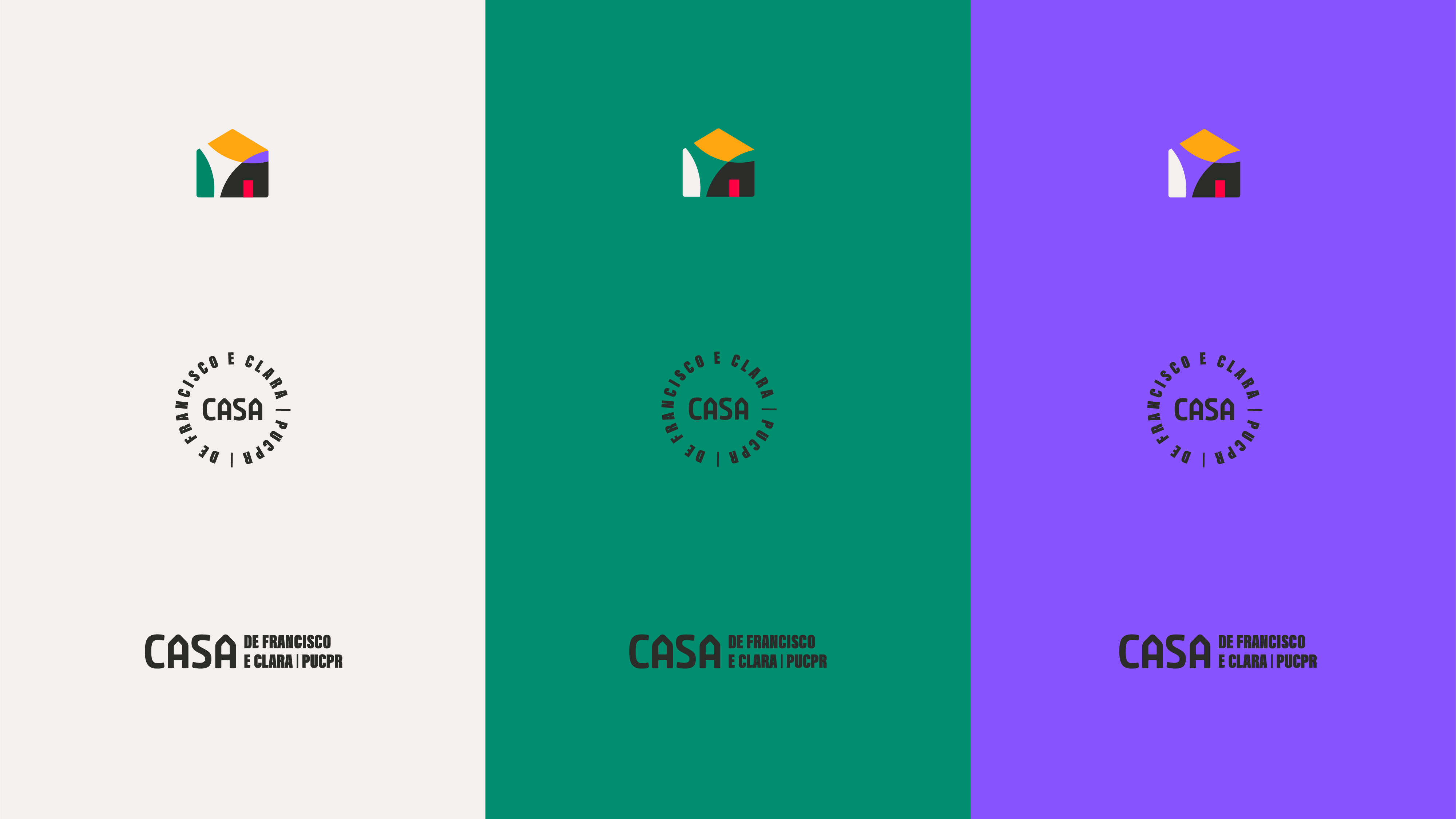 Versões do símbolo, selo e logotipo da Casa de Francisco e Clara em três cores