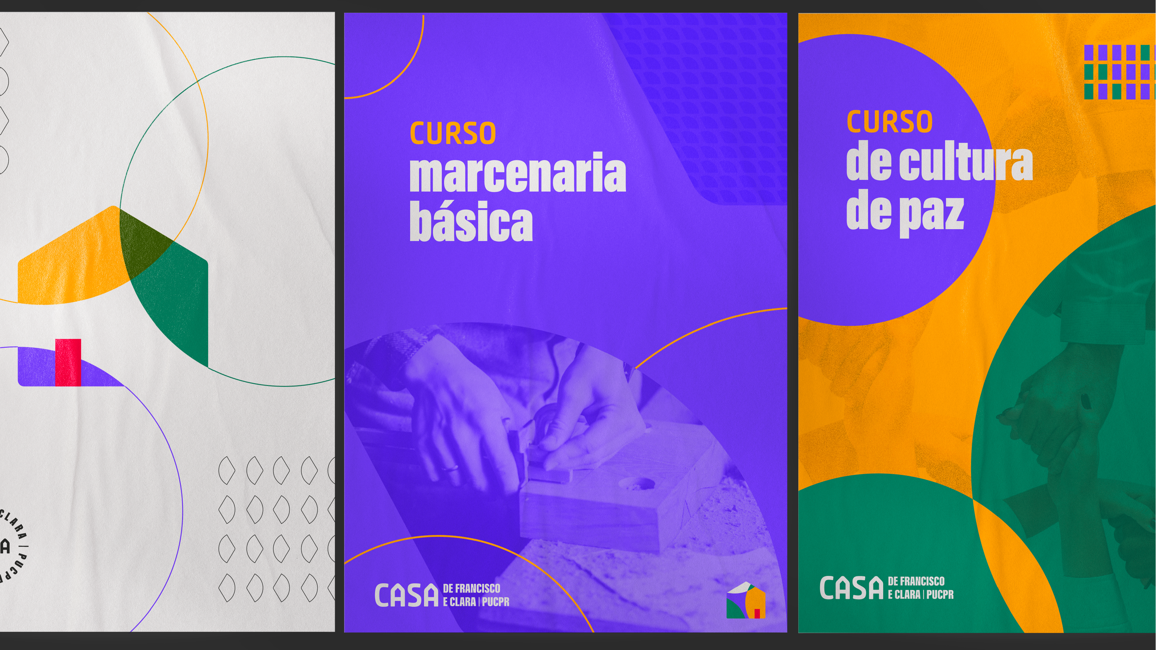 Cartazes dos cursos de marcenaria básica e cultura de paz da Casa de Francisco e Clara