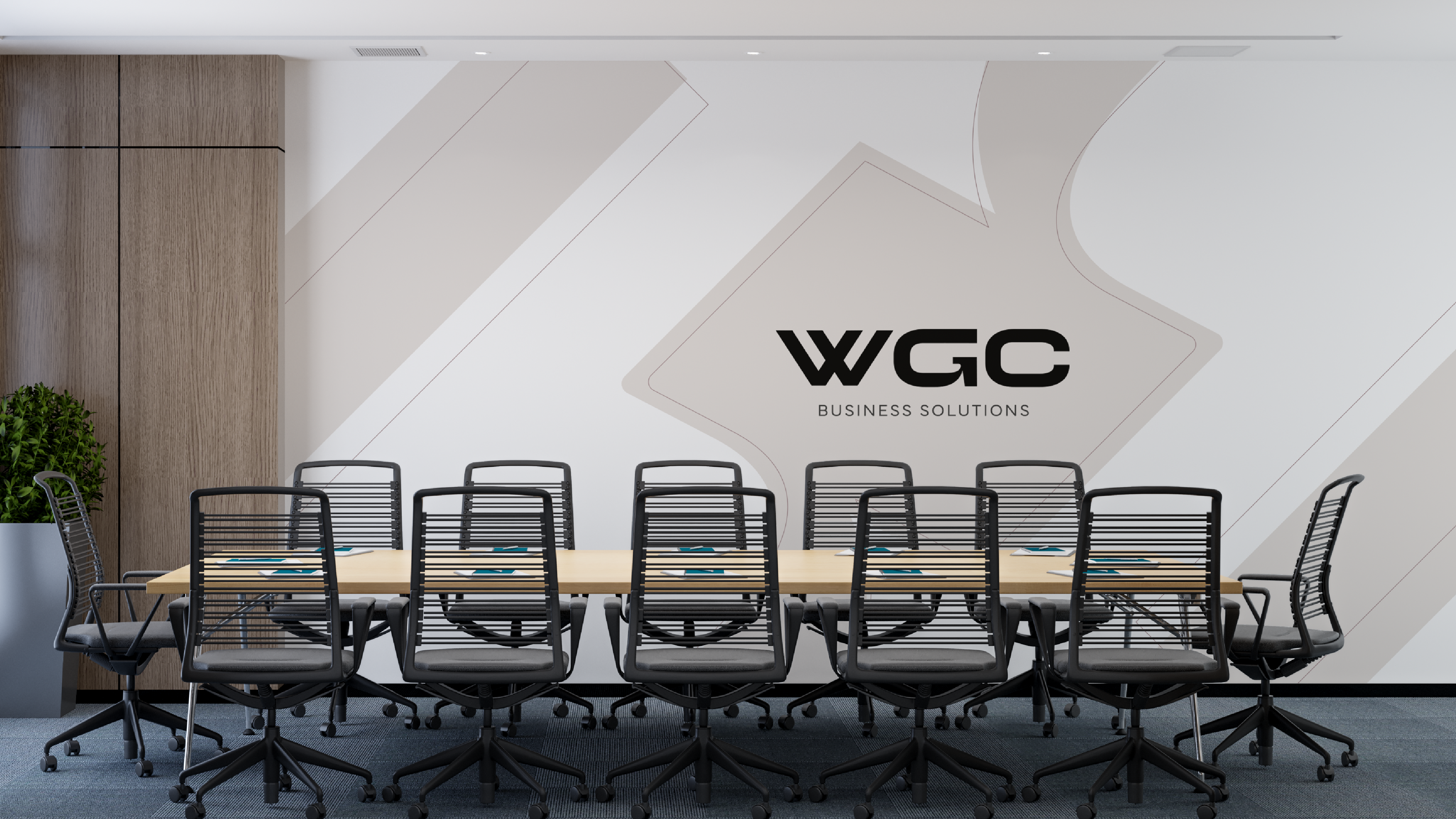 Sala de reunião ambientada com a marca WGC